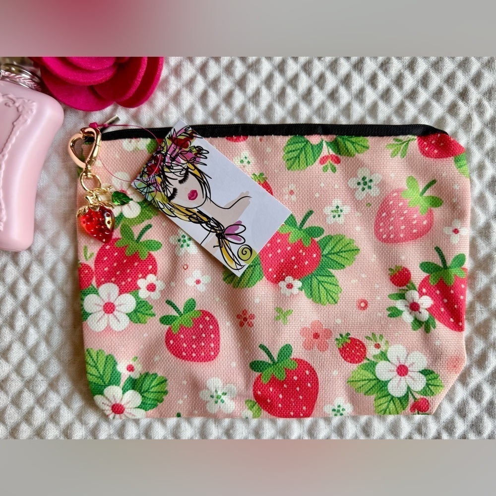 New Strawberries & Flowers Pink Makeup Cosmetic Tech Pencil Bag w/ Charm - 9.5”